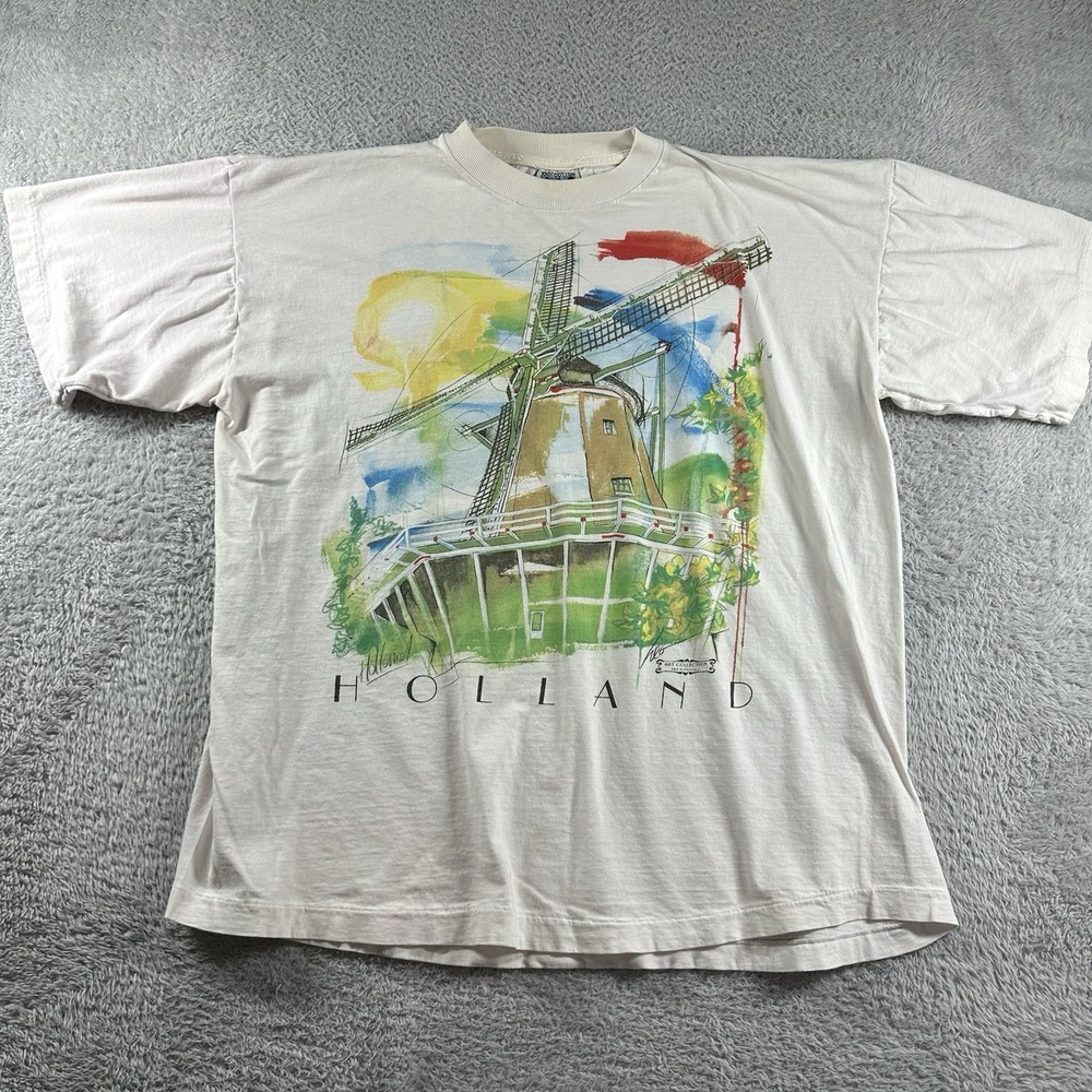VINTAGE Art Shirt Mens XL White Windmill‎ Water Colors Holland Art Collection